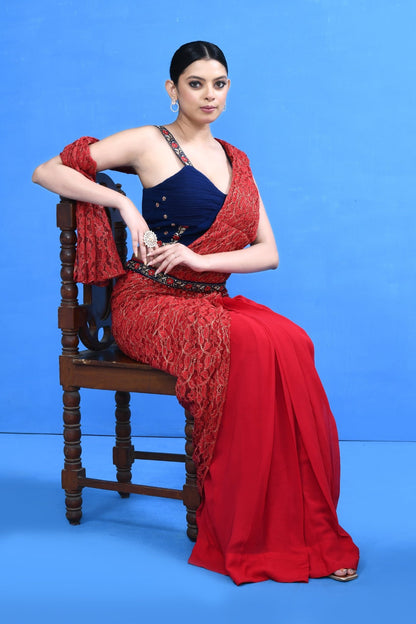 Designer Wear Red Georgette Drape Saree - Simaaya