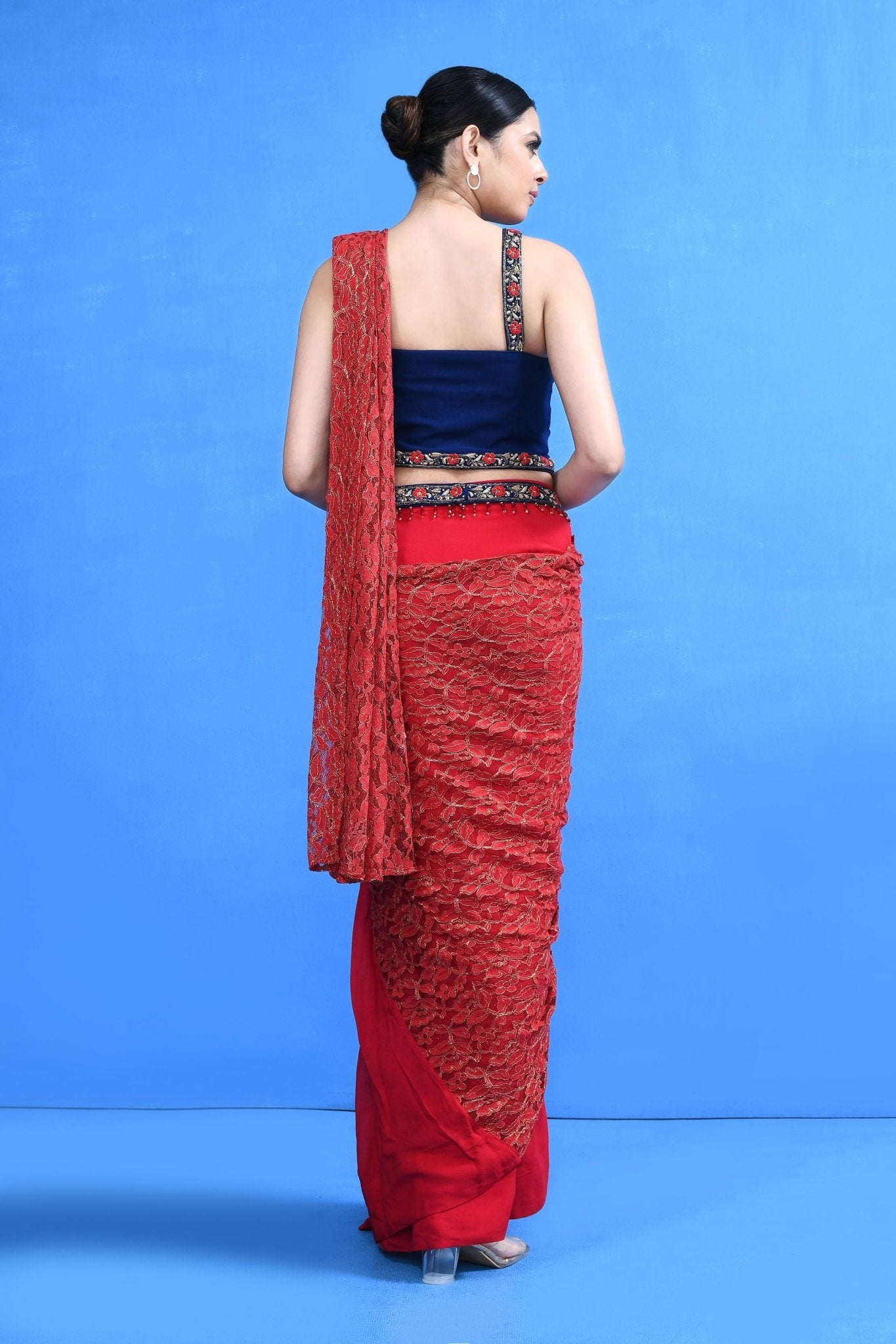 Designer Wear Red Georgette Drape Saree - Simaaya
