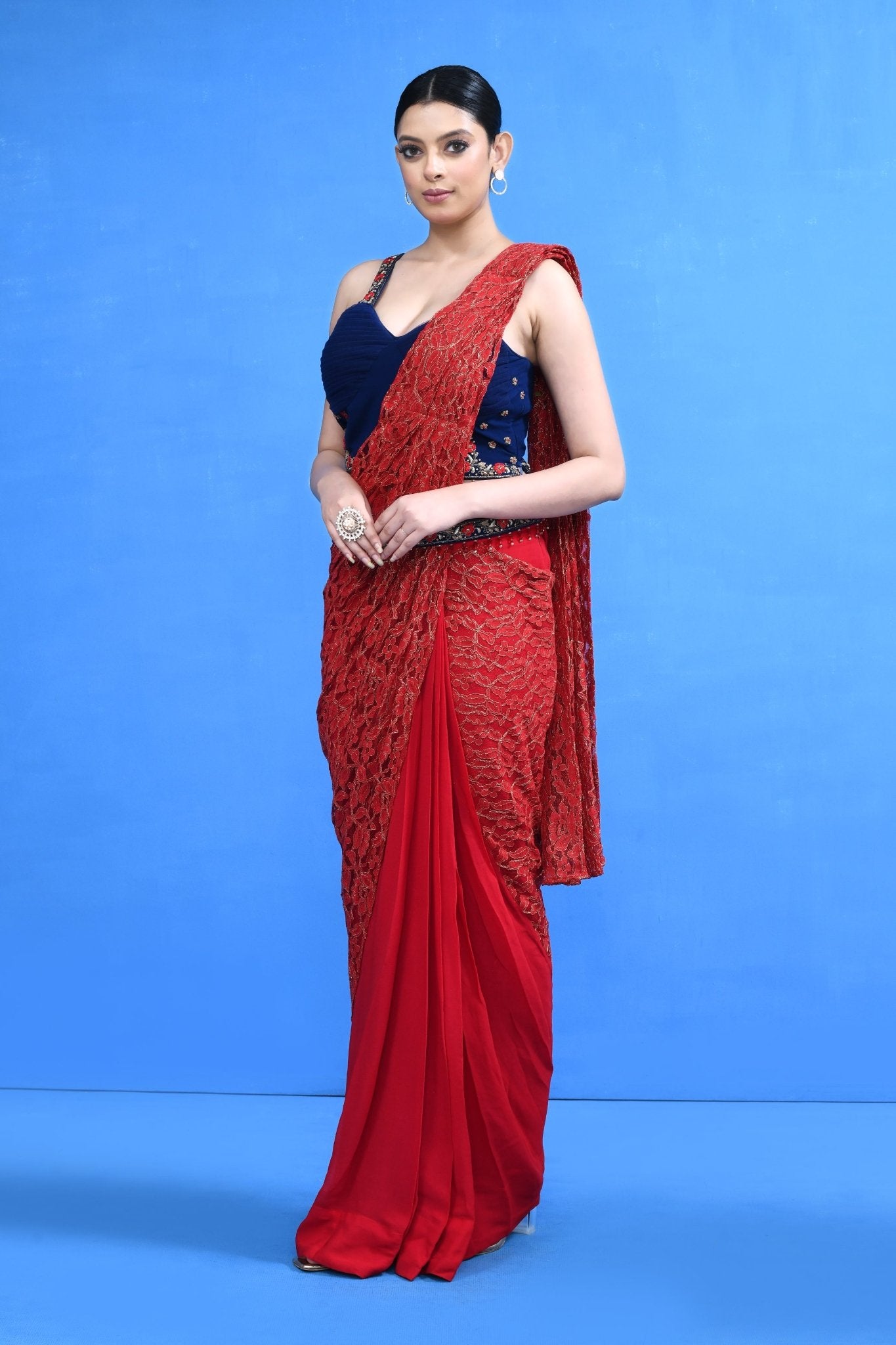 Designer Wear Red Georgette Drape Saree - Simaaya