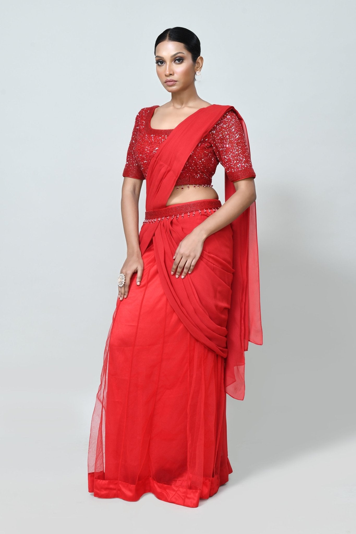 Designer Wear Red Georgette Net Drape Saree - Simaaya