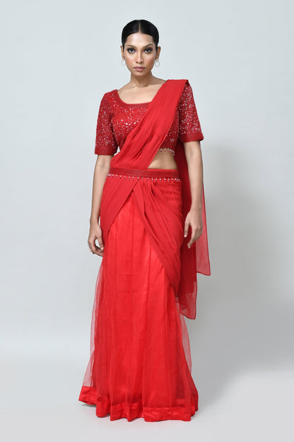 Designer Wear Red Georgette Net Drape Saree - Simaaya