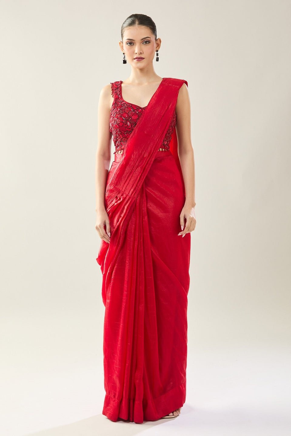 Designer Wear Red Tissue Drape Saree - Simaaya