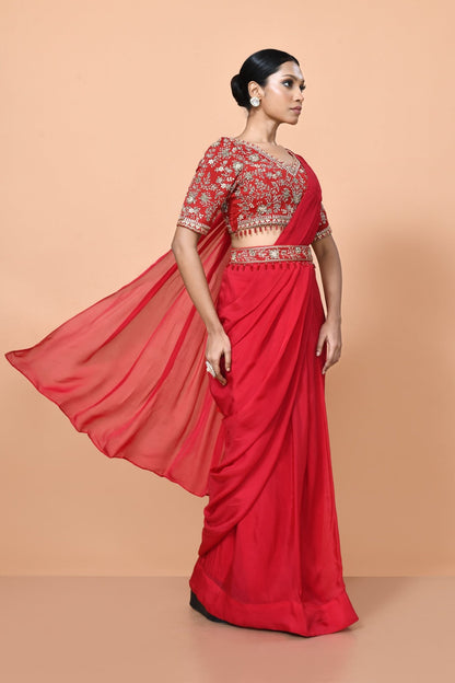 Designer Wear Red Viscose Organza Drape Saree - Simaaya