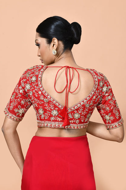 Designer Wear Red Viscose Organza Drape Saree - Simaaya