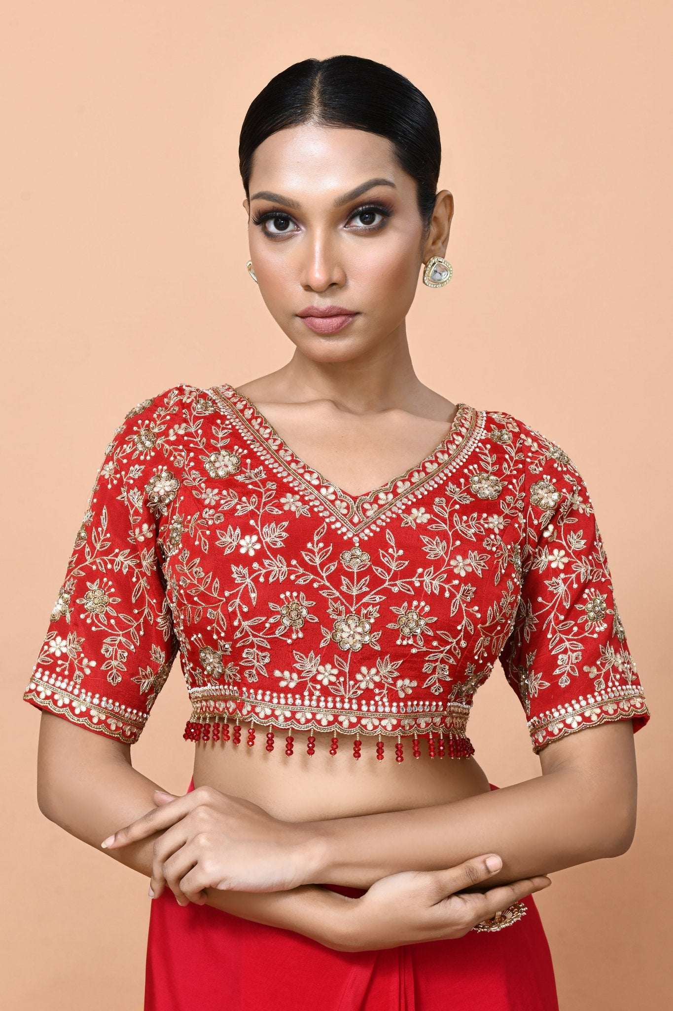 Designer Wear Red Viscose Organza Drape Saree - Simaaya