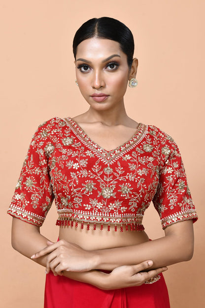 Designer Wear Red Viscose Organza Drape Saree - Simaaya