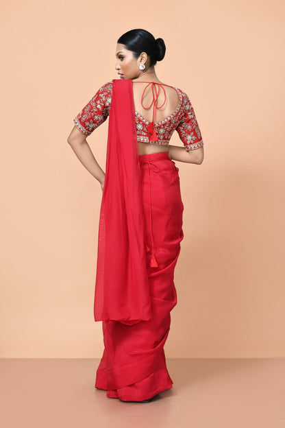 Designer Wear Red Viscose Organza Drape Saree - Simaaya