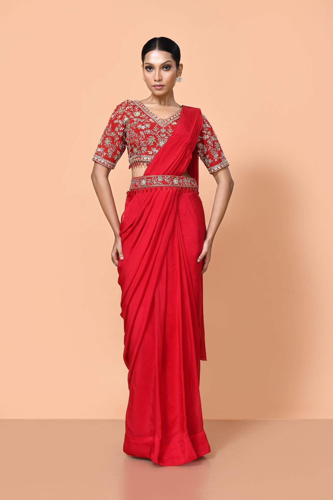 Designer Wear Red Viscose Organza Drape Saree - Simaaya