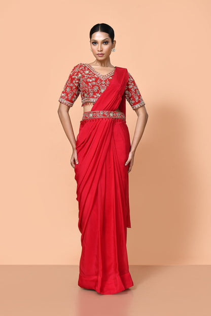 Designer Wear Red Viscose Organza Drape Saree - Simaaya