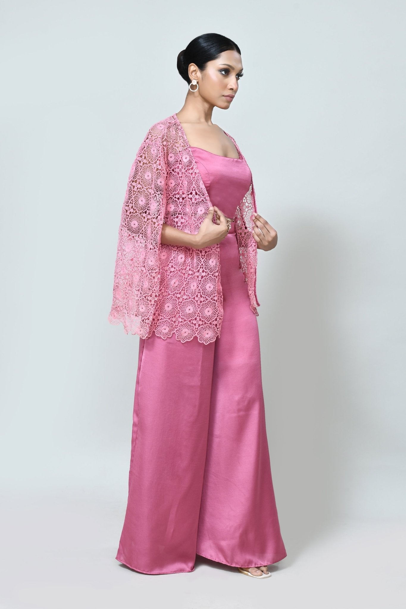 Designer Wear Rose Pink Centre Lace Jacket, Mini Silk Scoop Neck Crop Top and Plazo Set - Simaaya