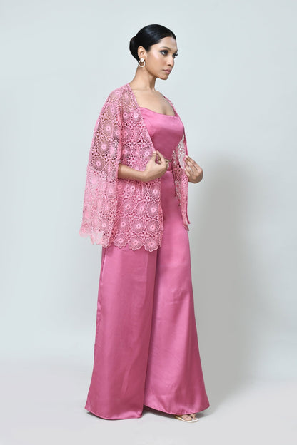 Designer Wear Rose Pink Centre Lace Jacket, Mini Silk Scoop Neck Crop Top and Plazo Set - Simaaya