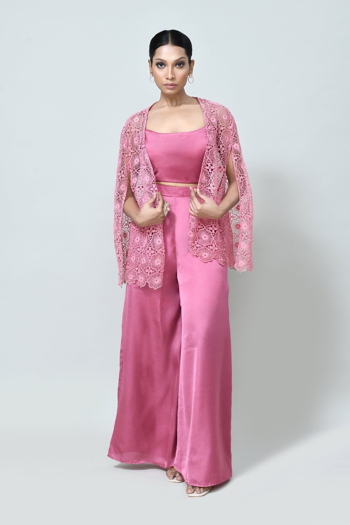 Designer Wear Rose Pink Centre Lace Jacket, Mini Silk Scoop Neck Crop Top and Plazo Set - Simaaya