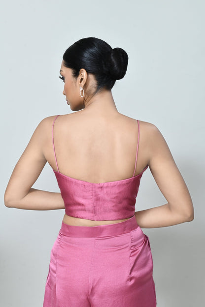 Designer Wear Rose Pink Centre Lace Jacket, Mini Silk Scoop Neck Crop Top and Plazo Set - Simaaya