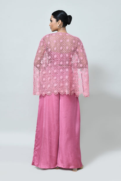 Designer Wear Rose Pink Centre Lace Jacket, Mini Silk Scoop Neck Crop Top and Plazo Set - Simaaya