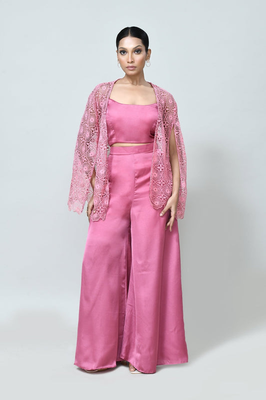 Designer Wear Rose Pink Centre Lace Jacket, Mini Silk Scoop Neck Crop Top and Plazo Set - Simaaya