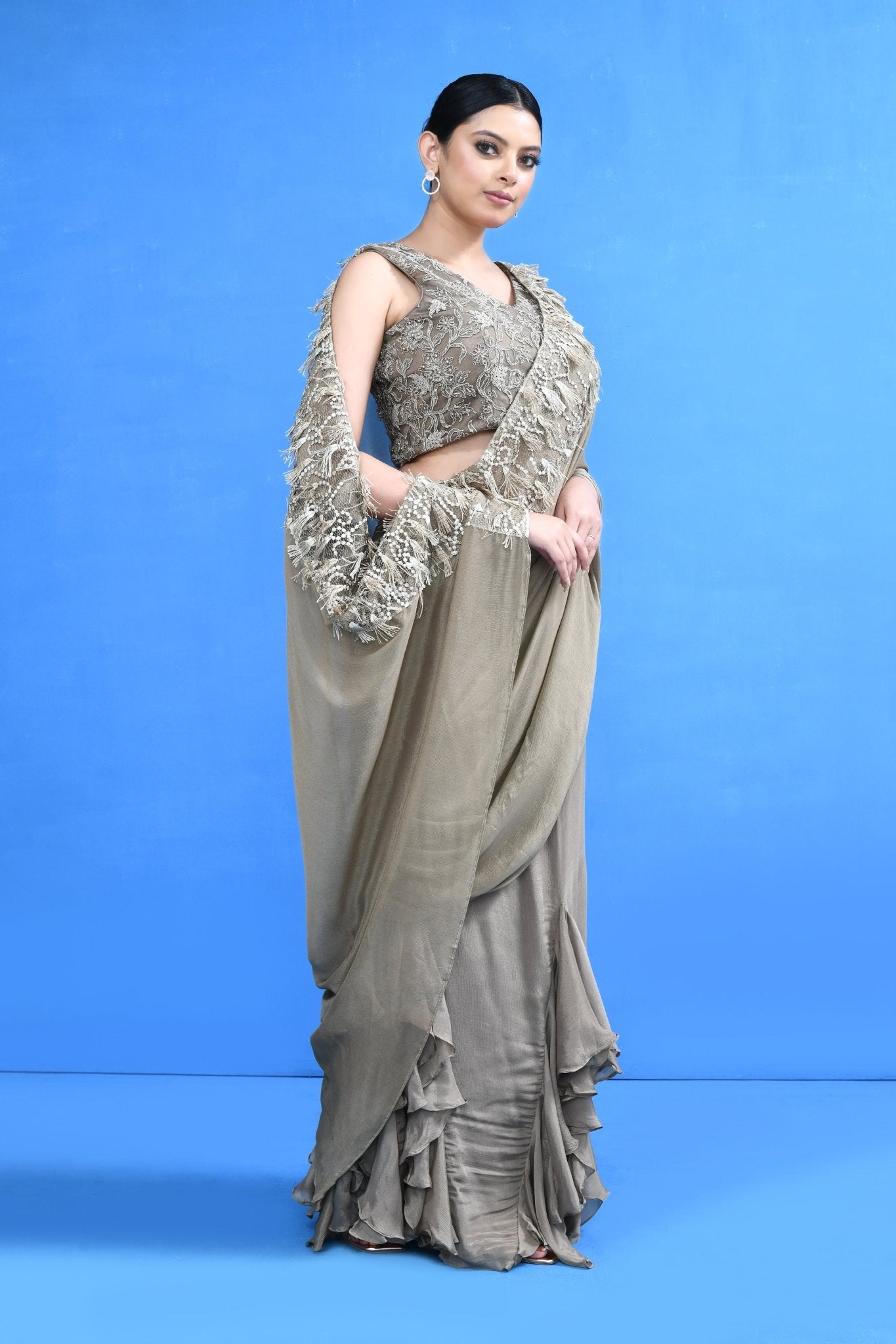 Designer Wear Ruffle Pre-Draped Saree Set - Simaaya