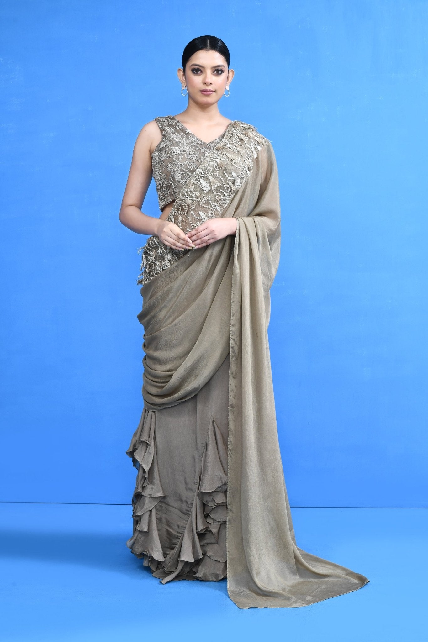 Designer Wear Ruffle Pre-Draped Saree Set - Simaaya