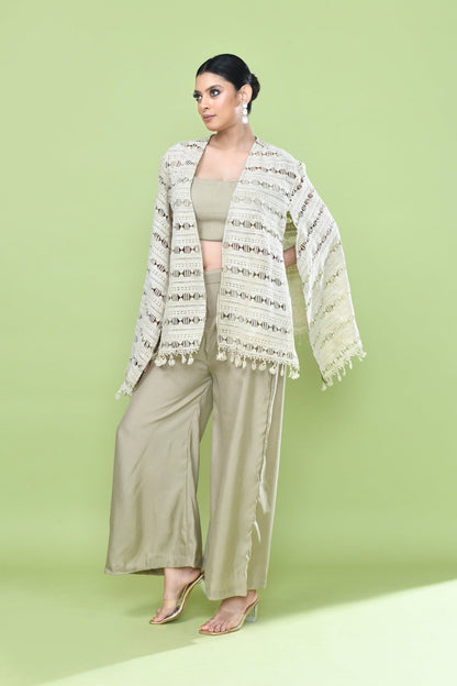 Designer Wear Sage Green Palazzo Set with an Cream Embellished Jacket - Simaaya