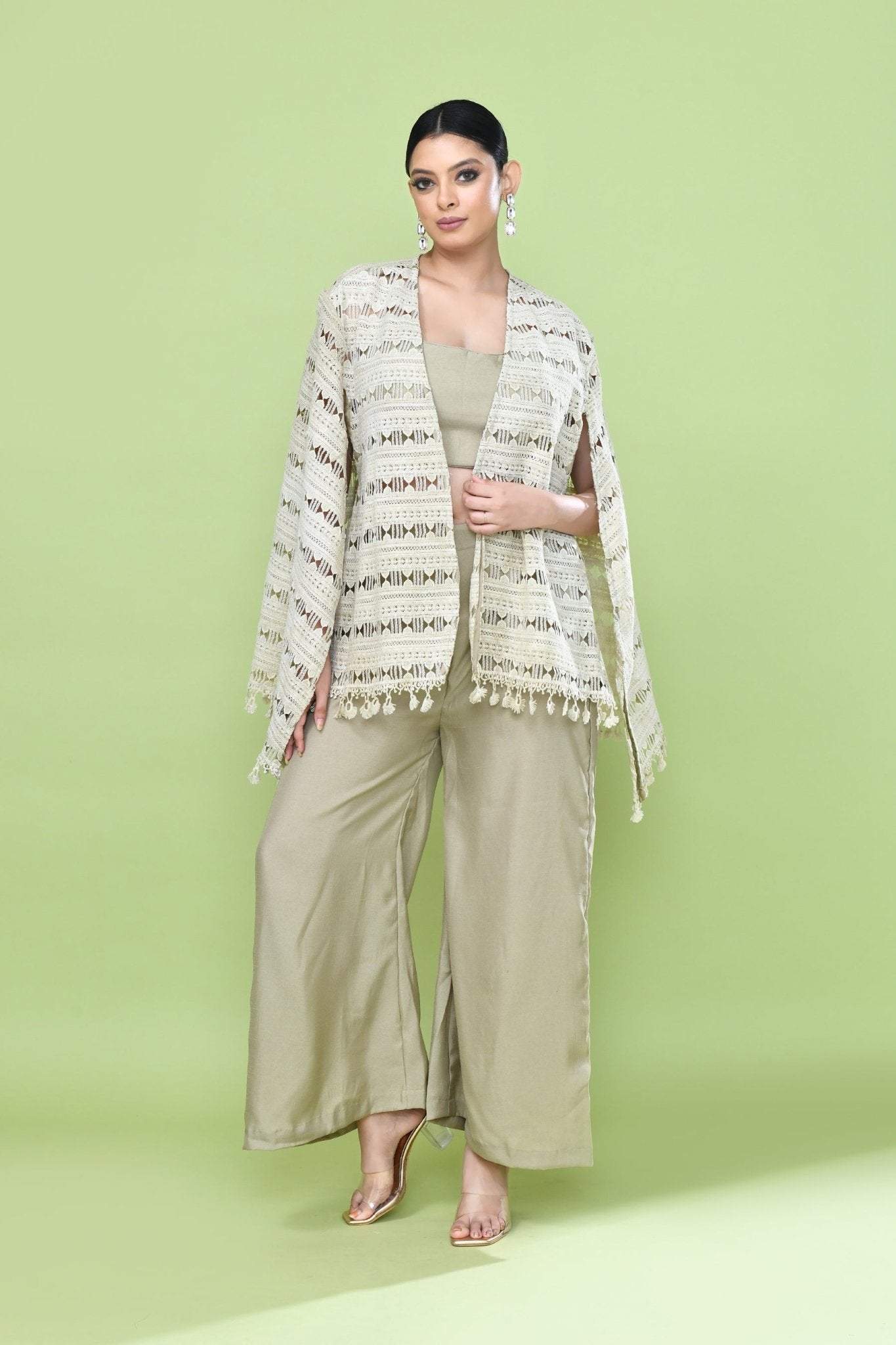Designer Wear Sage Green Palazzo Set with an Cream Embellished Jacket - Simaaya