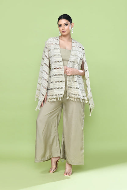 Designer Wear Sage Green Palazzo Set with an Cream Embellished Jacket - Simaaya