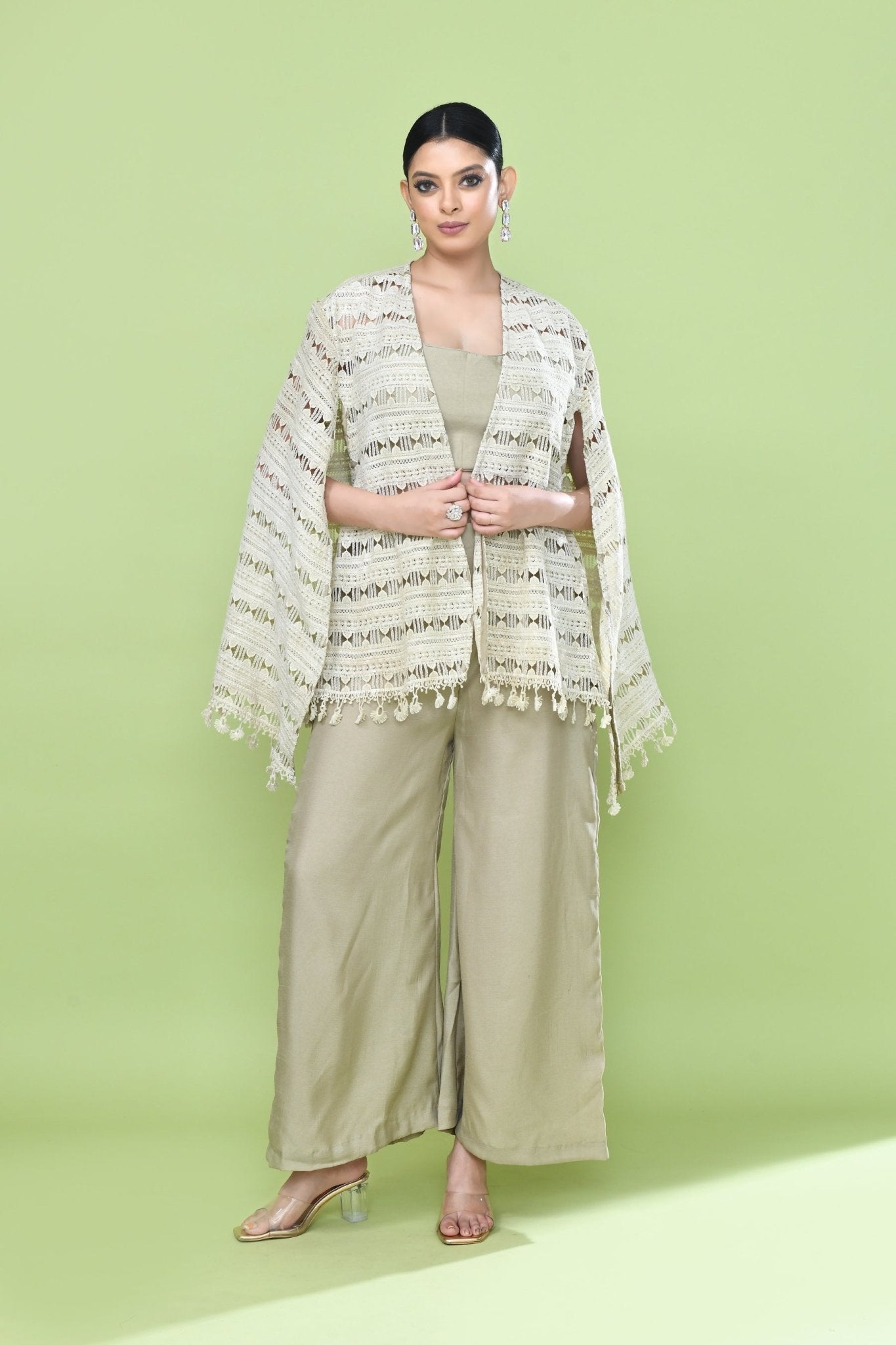 Designer Wear Sage Green Palazzo Set with an Cream Embellished Jacket - Simaaya