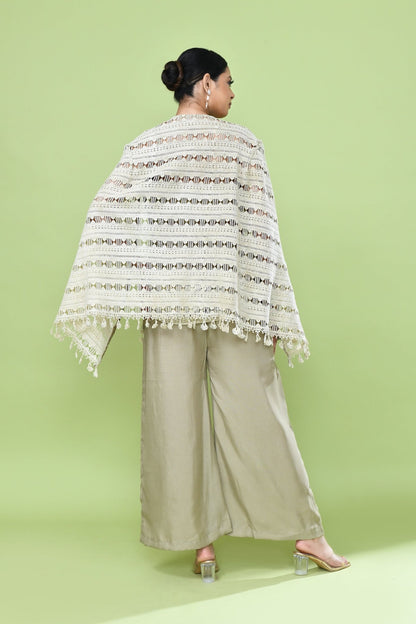 Designer Wear Sage Green Palazzo Set with an Cream Embellished Jacket - Simaaya