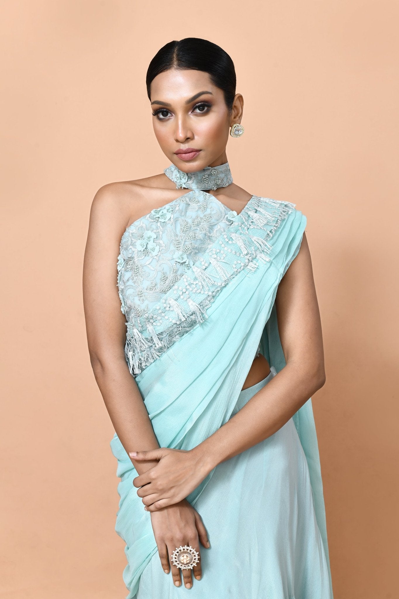 Designer Wear Sea Green Chinon Drape Saree - Simaaya