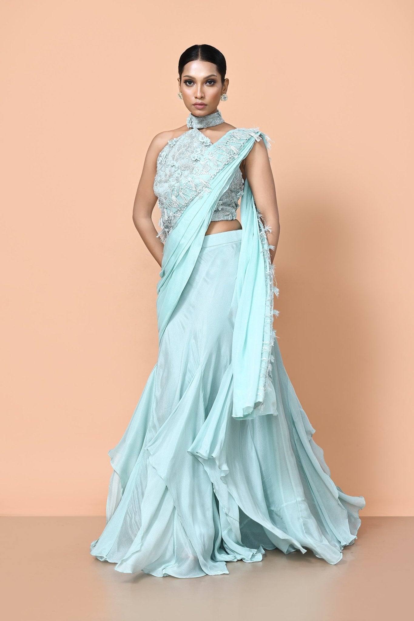 Designer Wear Sea Green Chinon Drape Saree - Simaaya