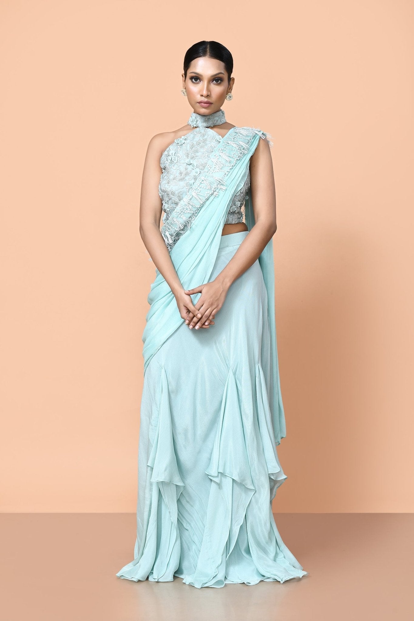 Designer Wear Sea Green Chinon Drape Saree - Simaaya