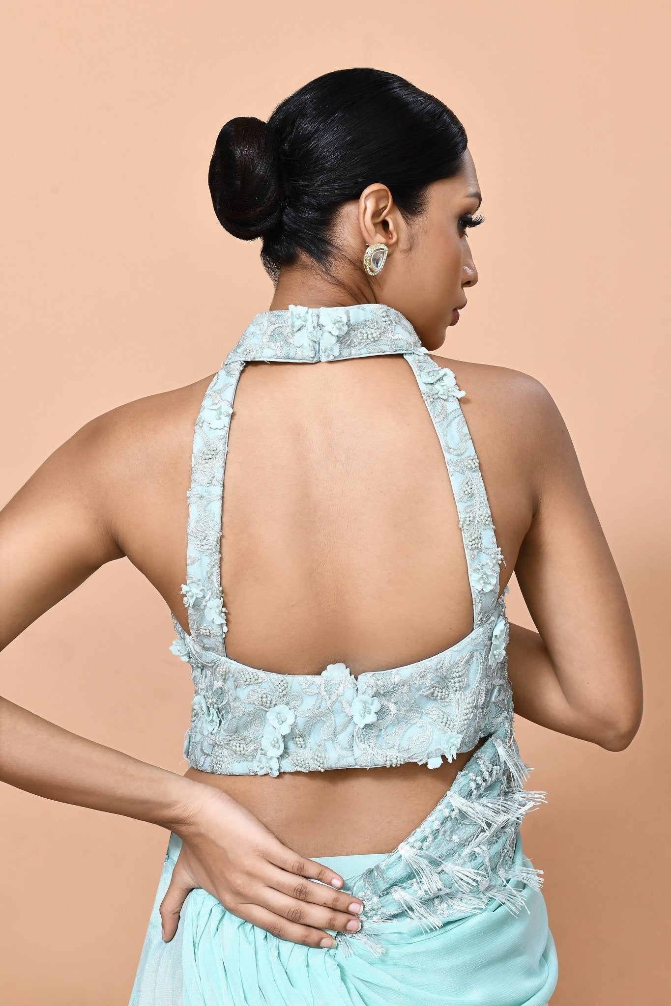 Designer Wear Sea Green Chinon Drape Saree - Simaaya