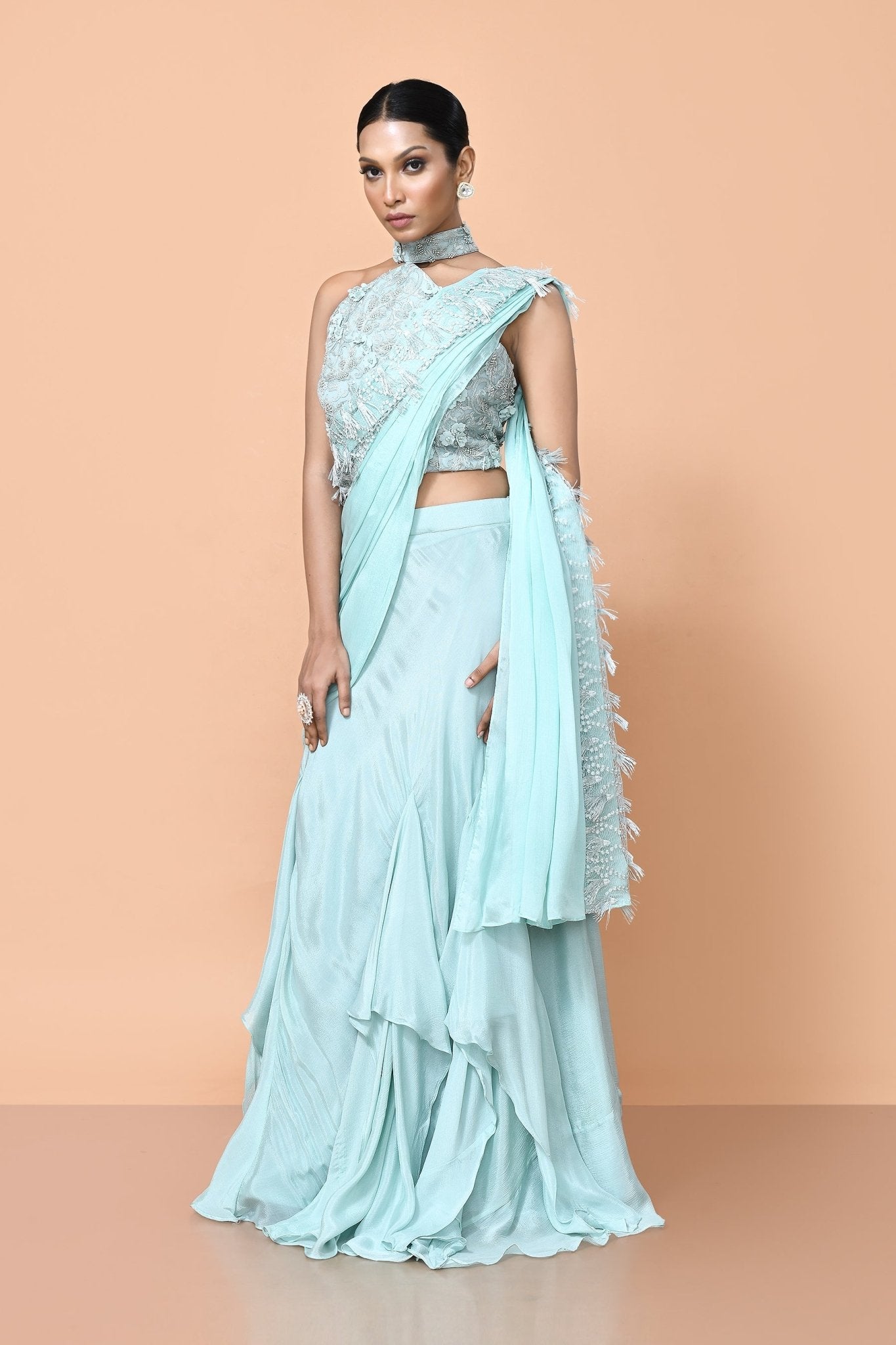 Designer Wear Sea Green Chinon Drape Saree - Simaaya