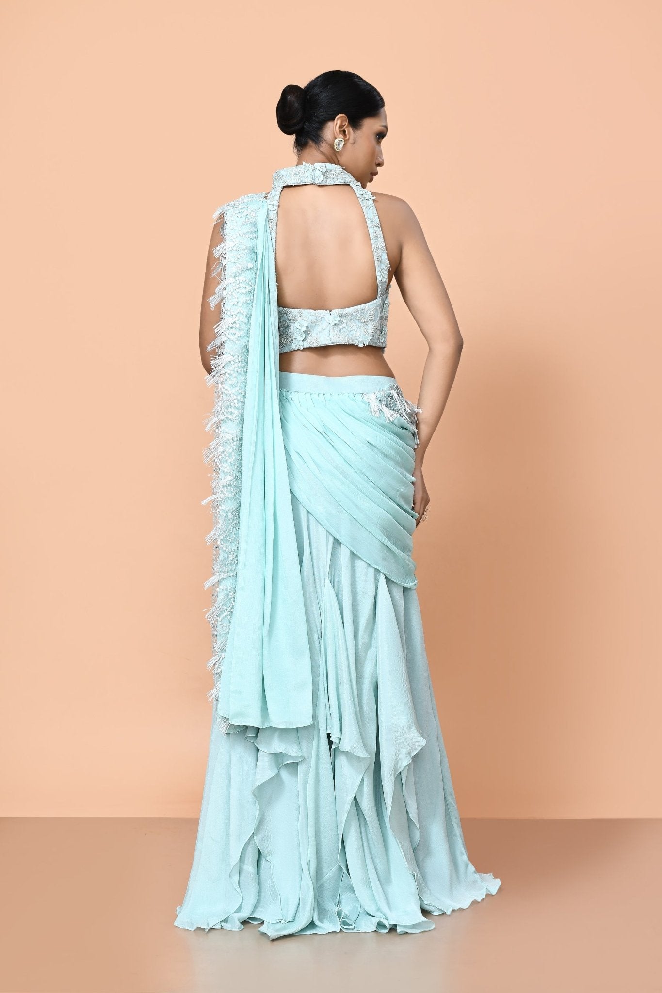Designer Wear Sea Green Chinon Drape Saree - Simaaya