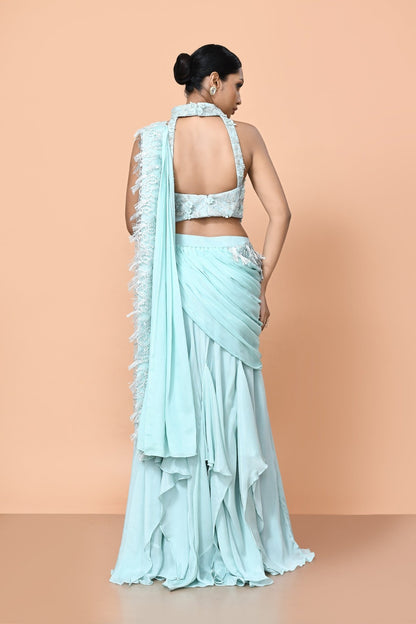 Designer Wear Sea Green Chinon Drape Saree - Simaaya
