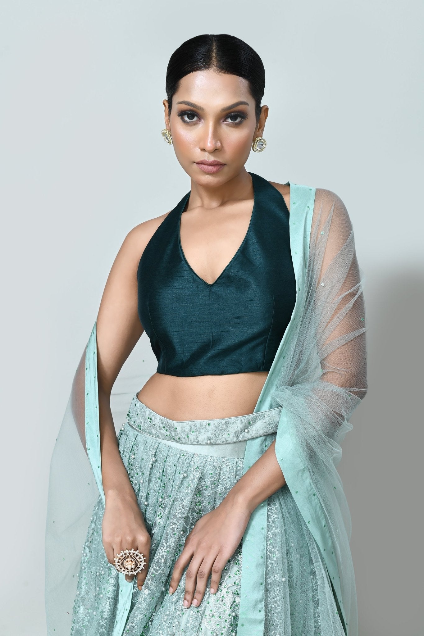 Designer Wear Sea Green Embroidered Net Lehenga Set - Simaaya