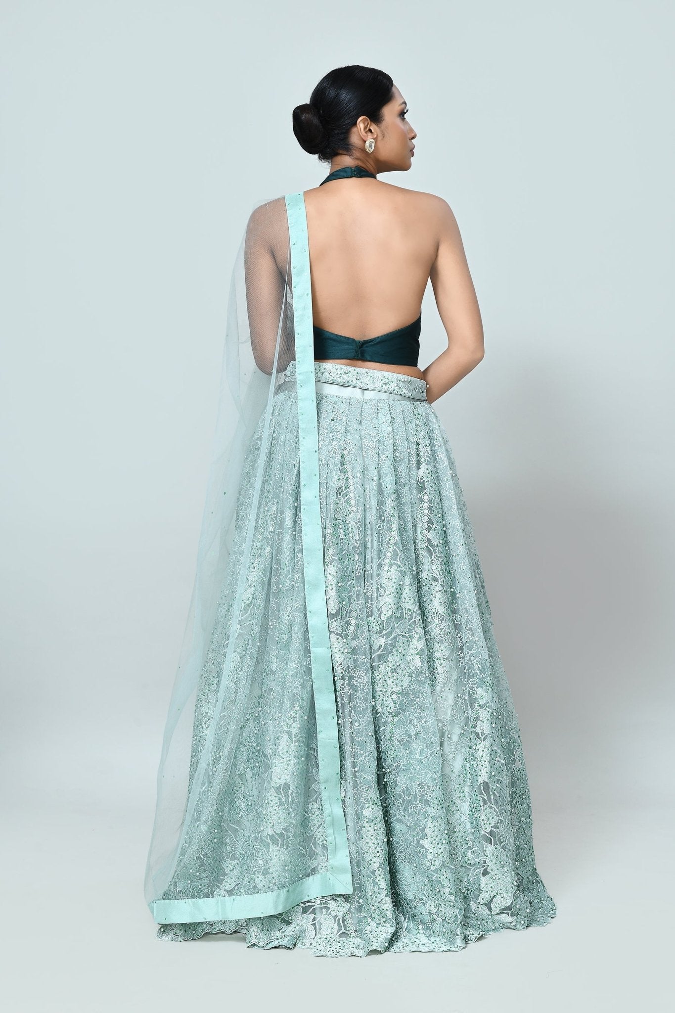 Designer Wear Sea Green Embroidered Net Lehenga Set - Simaaya