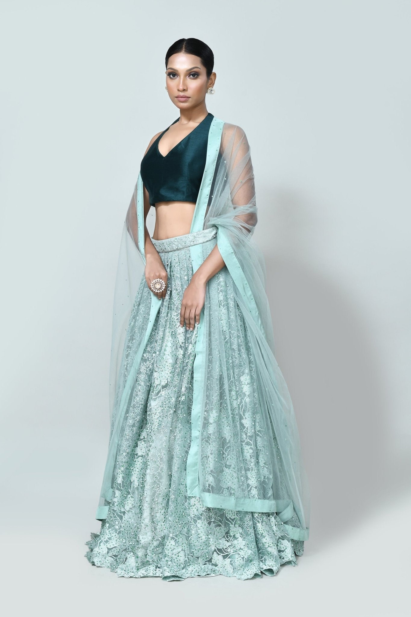 Designer Wear Sea Green Embroidered Net Lehenga Set - Simaaya