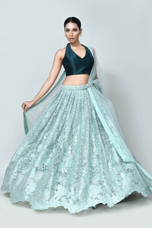Designer Wear Sea Green Embroidered Net Lehenga Set - Simaaya