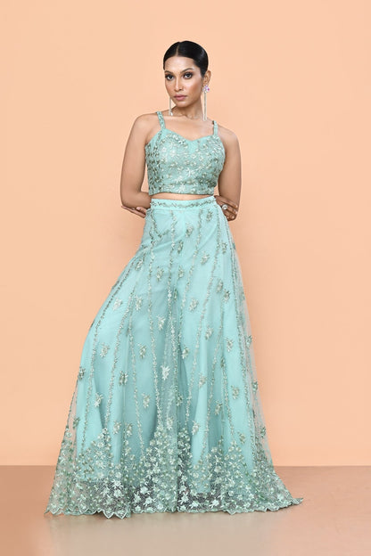 Designer Wear Sea Green Net Embroidered Lehenga Set - Simaaya