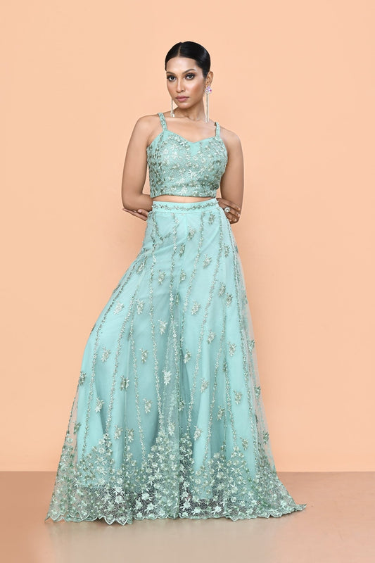 Designer Wear Sea Green Net Embroidered Lehenga Set - Simaaya
