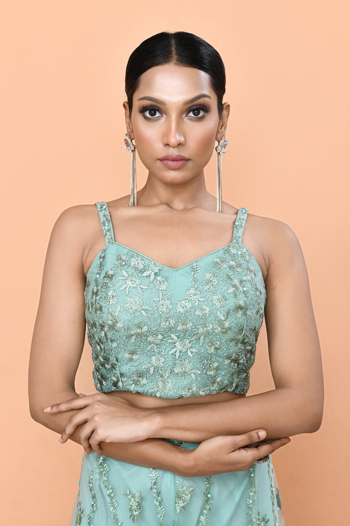 Designer Wear Sea Green Net Embroidered Lehenga Set - Simaaya