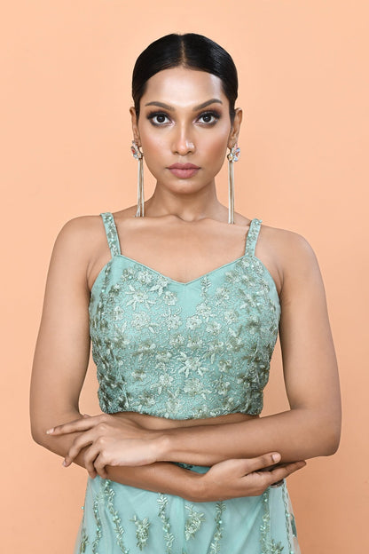 Designer Wear Sea Green Net Embroidered Lehenga Set - Simaaya