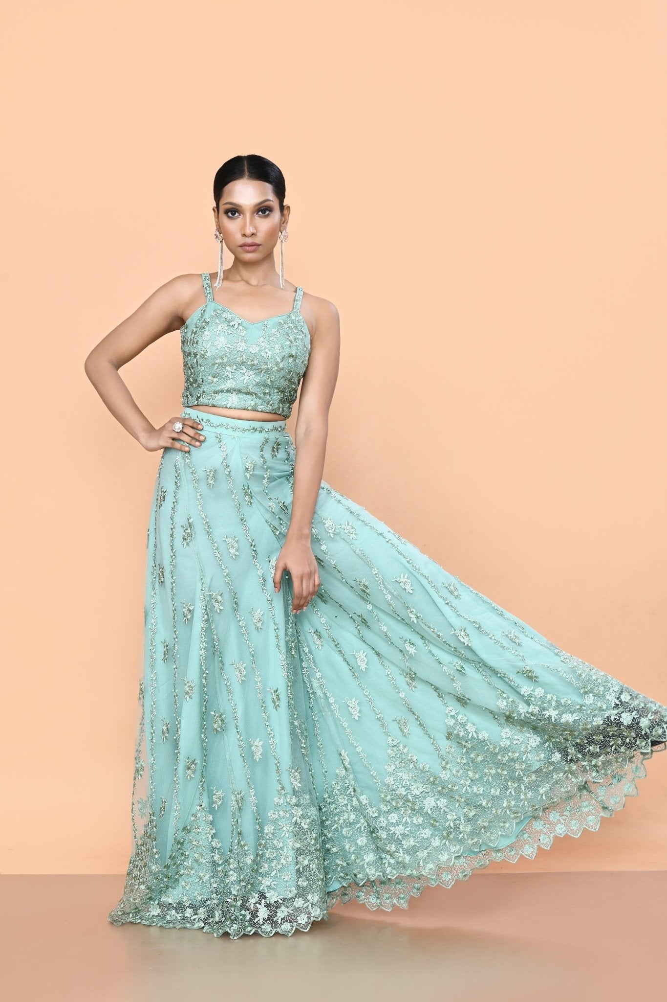 Designer Wear Sea Green Net Embroidered Lehenga Set - Simaaya