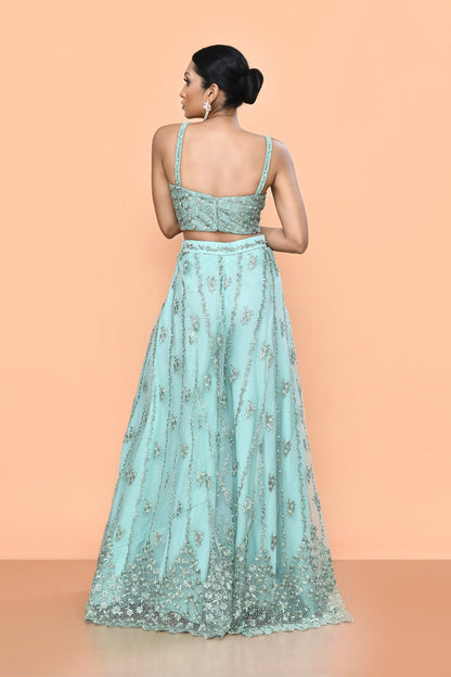 Designer Wear Sea Green Net Embroidered Lehenga Set - Simaaya
