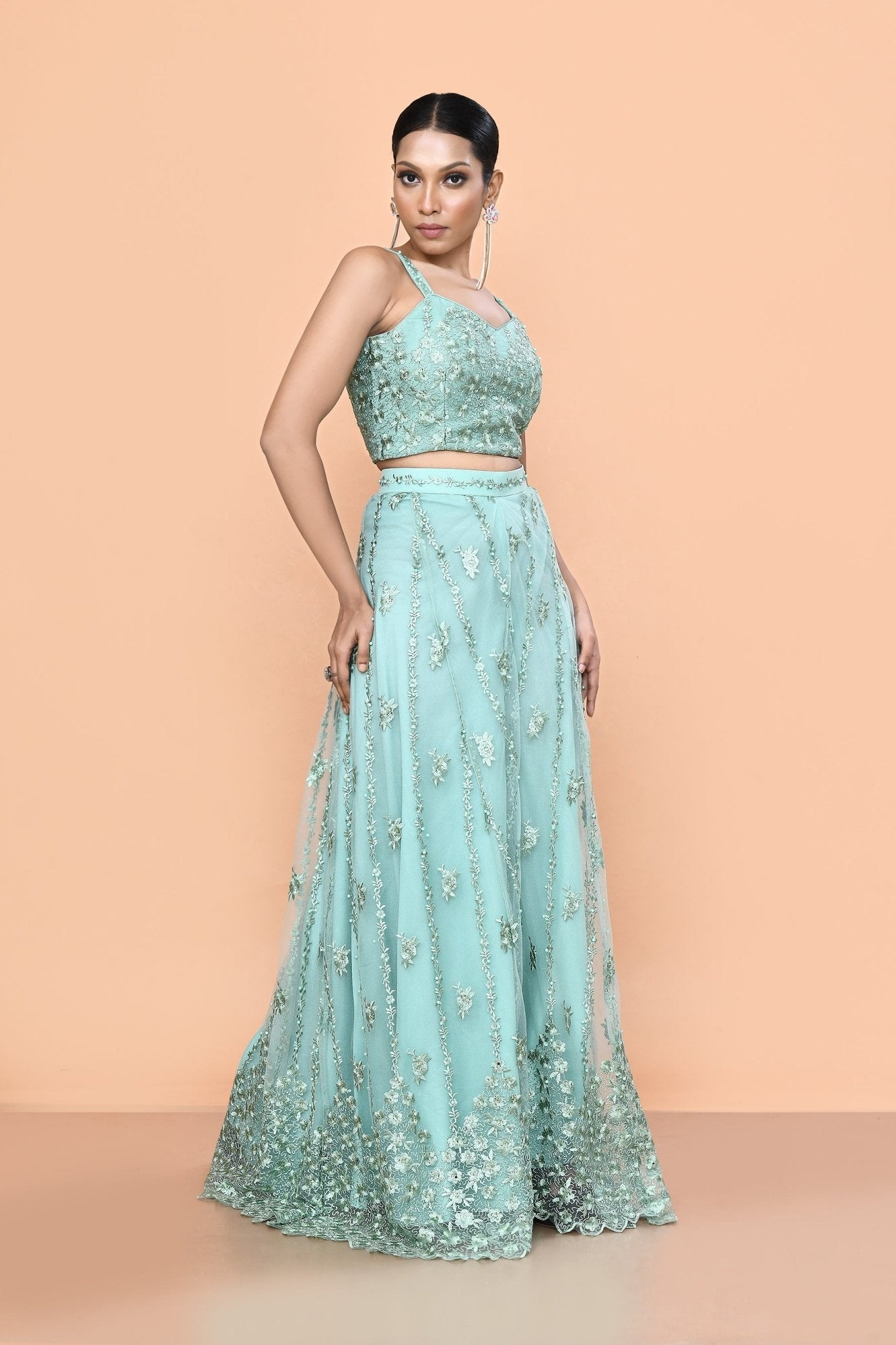 Designer Wear Sea Green Net Embroidered Lehenga Set - Simaaya