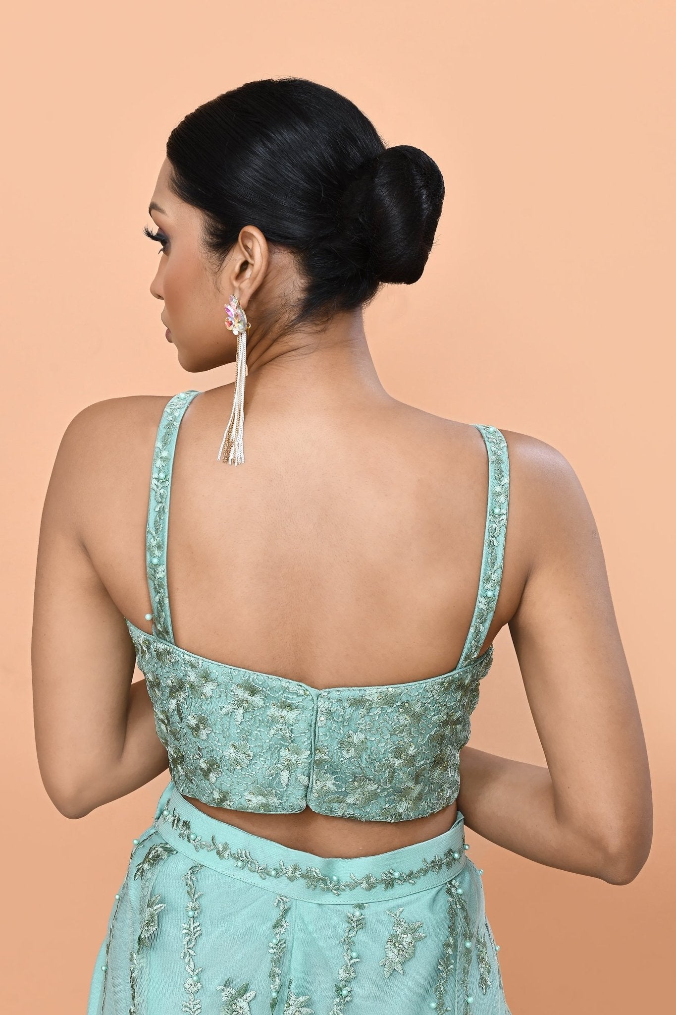 Designer Wear Sea Green Net Embroidered Lehenga Set - Simaaya
