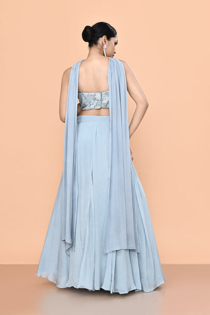 Designer Wear Sky Blue Chinon Chiffon Lehenga Set - Simaaya