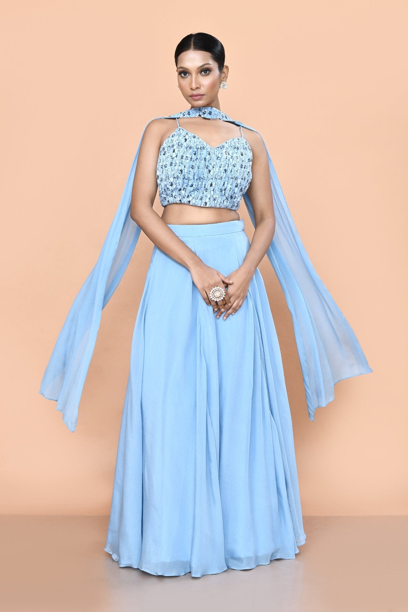 Designer Wear Sky Blue Chinon Chiffon Lehenga Set - Simaaya