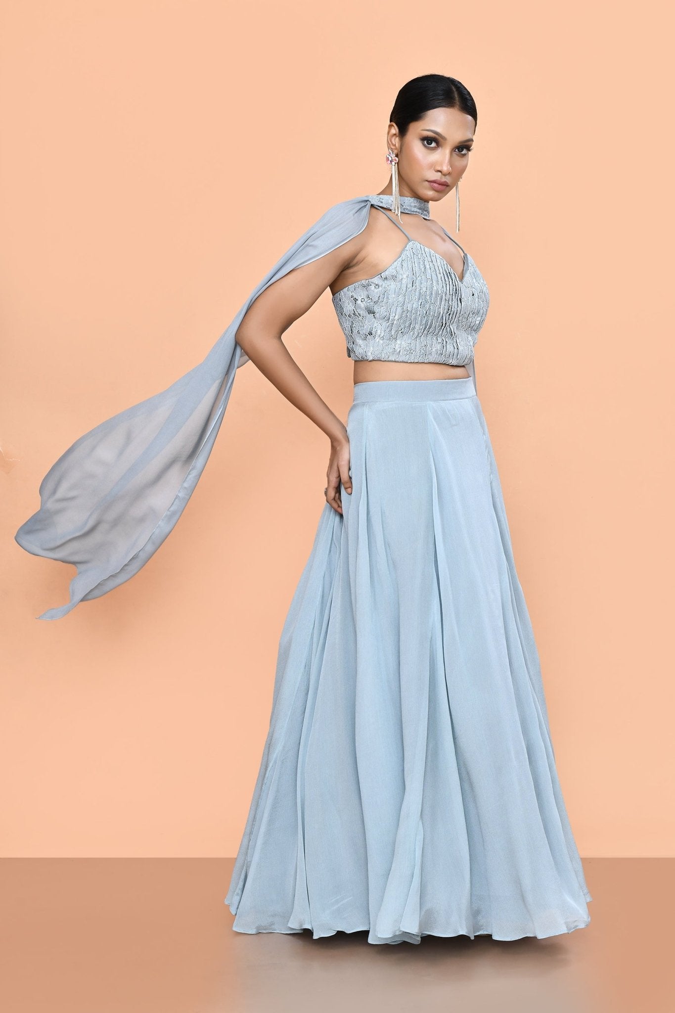 Designer Wear Sky Blue Chinon Chiffon Lehenga Set - Simaaya