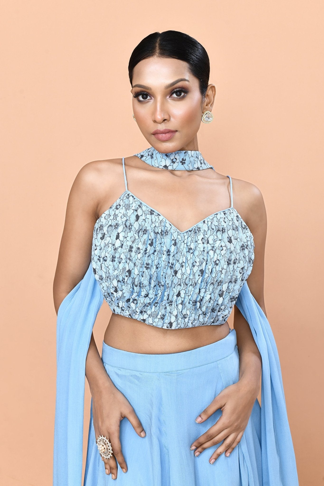 Designer Wear Sky Blue Chinon Chiffon Lehenga Set - Simaaya