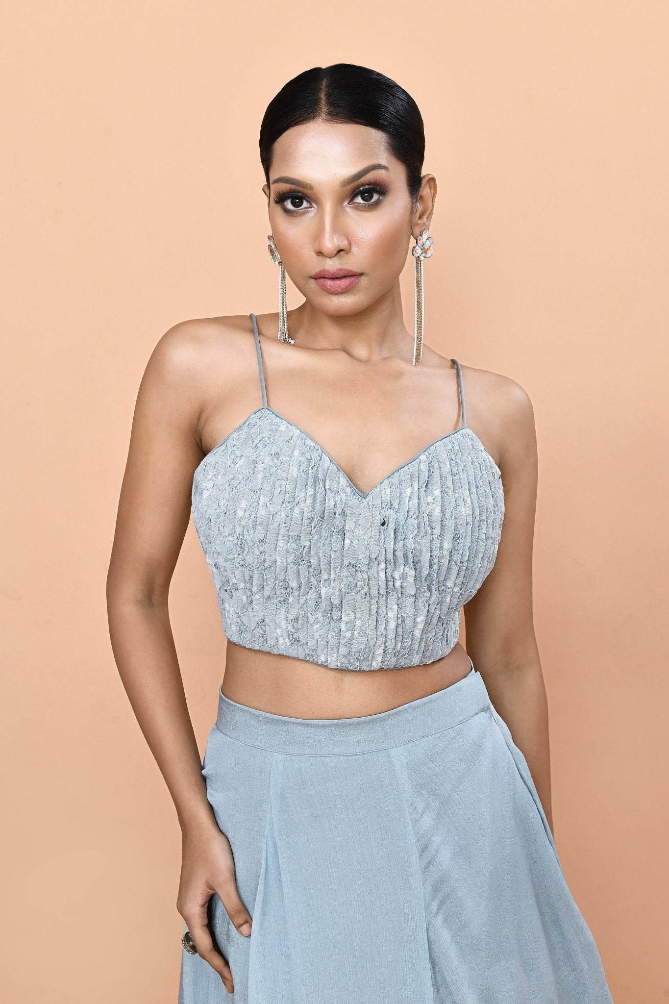 Designer Wear Sky Blue Chinon Chiffon Lehenga Set - Simaaya